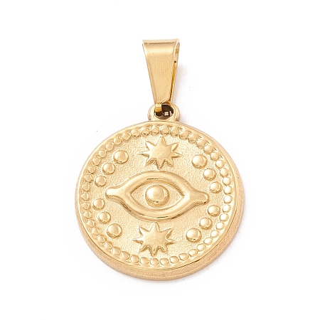 Honeyhandy Vacuum Plating 304 Stainless Steel Pendant,  Flat Round with Eye Pattern, Golden, 20x17.5x2mm, Hole: 7.5x4mm