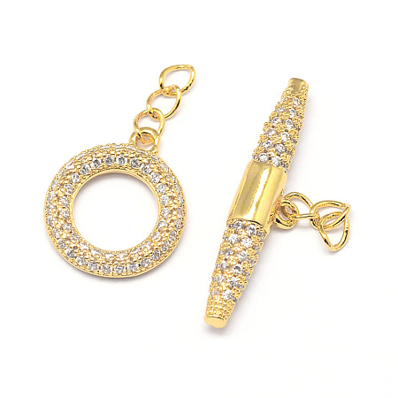 Honeyhandy Brass Micro Pave Cubic Zirconia Ring Toggle Clasps, Cadmium Free & Nickel Free & Lead Free, Real 18K Gold Plated, toggle: 16x14x2mm, Hole: 3x2mm, Bar: 6x26x4mm, Hole: 3x2mm.