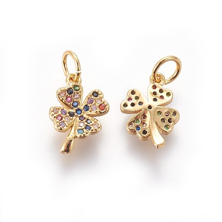 Honeyhandy Brass Micro Pave Cubic Zirconia Charms, Four Leaf Clover, Colorful, Golden, 12x8x2.5mm, Hole: 3mm