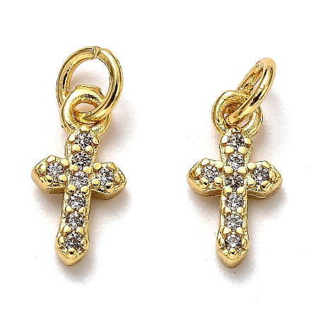 Honeyhandy Brass Micro Pave Cubic Zirconia Tiny Cross Charms, with Jump Rings, Long-Lasting Plated, Real 18K Gold Plated, 12x6x2mm, Hole: 3mm