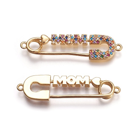 Arricraft Mother's Day Theme, Brass Micro Pave Cubic Zirconia Links, Safety Pin Shape with Word MOM, Colorful, Golden, 10x38.5x2.5mm, Hole: 1.5mm