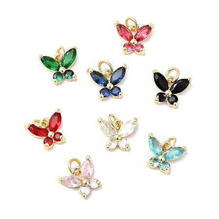 Rack Plating Brass Micro Pave Cubic Zirconia Charms, with Jump Ring, Cadmium Free & Lead Free, Real 18K Gold Plated, Butterfly Charms, Mixed Color, 12.5mm, Hole: 3mm