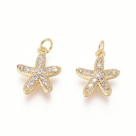 Honeyhandy Brass Charms, with Clear Cubic Zirconia and Jump Rings, Starfish/Sea Stars, Golden, 13x11x3mm, Hole: 2.5mm
