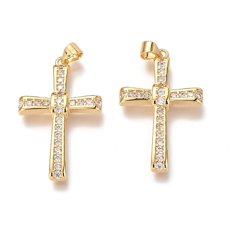 Honeyhandy Brass Micro Pave Clear Cubic Clear Zirconia Pendants, Cross, Real 18K Gold Plated, 34x20x4mm, Hole: 3mm
