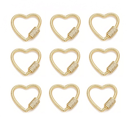 ARRICRAFT Brass Micro Pave Cubic Zirconia Screw Carabiner Lock Charms, for Necklaces Making, Heart, Clear, Golden, 21x24x2~5mm