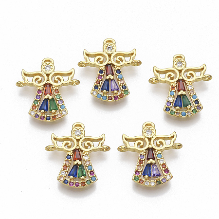 Brass Micro Pave Cubic Zirconia Links connectors, Angel, Colorful, Golden, 16x15x2.5mm, Hole: 1mm