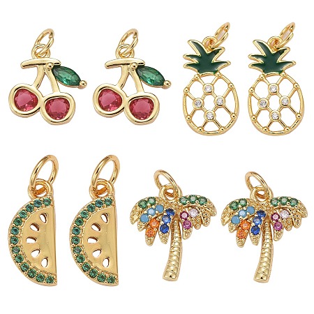 ARRICRAFT 8Pcs 4 Style Golden Plated Fruit Theme Brass Micro Pave Cubic Zirconia Charms, with Jump Rings, Cherry & Pineapple & Watermelon & Coconut Tree Shape, Mixed Color, 8pcs/box