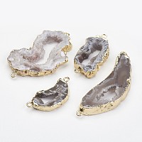 Honeyhandy Natural Geode Agate Links connectors, with Brass Findings, Nuggets, Golden, 26~54x14.5~30x4~5.5mm, Hole: 2mm