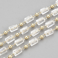 Honeyhandy 3.28 Feet Handmade Glass Beaded Chains, Soldered, with Spool, with Brass Findings, Faceted, Rectangle, Clear, Real 18K Gold Plated, 2.5mm