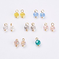 Honeyhandy Electroplated Glass Charms, with Brass Findings, Rondelle, Faceted, Golden, Mixed Color, 9.5x5.5~6mm, Hole: 2mm