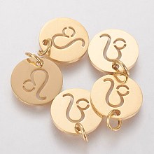 Honeyhandy 304 Stainless Steel Pendants, with Jump Ring, Laser Cut, Flat Round with Constellation/Zodiac Sign, Golden, Leo, 12x1mm, Hole: 3mm