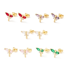 Honeyhandy Brass Micro Pave Cubic Zirconia Stud Earring, Real 18K Gold Plated, Dragonfly, Mixed Color, 7.5x10mm, Pin: 1mm