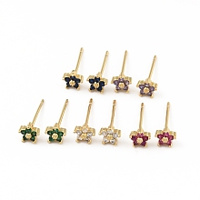 Honeyhandy Cubic Zirconia Flower Stud Earrings, Real 18K Gold Plated Brass Jewelry for Women, Cadmium Free & Lead Free, Mixed Color, 15x5x5mm, Pin: 0.7mm