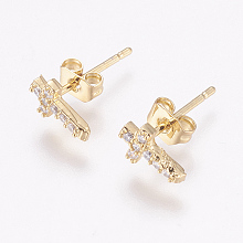 Honeyhandy Brass Micro Pave Cubic Zirconia Stud Earrings, with Ear Nuts, Cross, Golden, 8x5x2mm, pin: 1mm