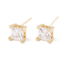 Honeyhandy Clear Cubic Zirconia Square Stud Earrings, Brass Jewelry for Women, Lead Free & Cadmium Free, Real 18K Gold Plated, 7x7mm, Pin: 0.8mm