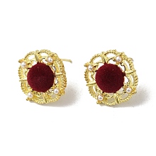 Flower Alloy & Flocking Acrylic Stud Earrings for Women, Golden, 17.5x17mm