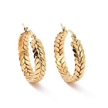 Honeyhandy Ion Plating(IP) 304 Stainless Steel Hoop Earrings, Hypoallergenic Earrings, Textured, Ring with Olive Branch Pettern, Real 24K Gold Plated, 32x30x7mm, Pin: 18x0.8~1mm