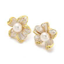 Honeyhandy Cubic Zirconia Flower Stud Earrings with Natural Pearl, Brass Earrings with 925 Sterling Silver Pins, Real 18K Gold Plated, 16x14.5mm