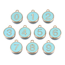 Honeyhandy Light Gold Plated Alloy Enamel Charms, Enamelled Sequins, Flat Round with Number, Number 0~9, Light Sky Blue, 14.5x12x2.5mm, Hole: 1.4mm, 10pcs/set