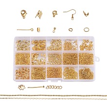 Honeyhandy Metal Jewelry Findings Kits, with Iron Head /Eye Pins, Folding Crimp Ends, Bead Tips Knot Covers/Ribbon Ends/Twist Chain Extensions, Alloy Lobster Claw Clasps, Brass Chains and Earring Hooks, Golden, 6~22x1~7mm