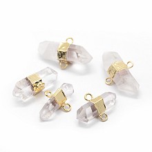 Honeyhandy Natural Quartz Crystal Links connectors, with Brass Findings, Bicone, Golden, 25~33x15~18x8~13mm, Hole: 2mm