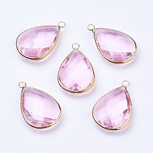 Honeyhandy Golden Tone Brass Glass Teardrop Pendants, Faceted, Pearl Pink, 18x10x5mm, Hole: 2mm