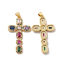 Honeyhandy Rack Plating Eco-Friendly Brass Micro Pave Cubic Zirconia Pendants, Long-Lasting Plated, Lead Free & Cadmium Free, Religion Cross Charm, Real 18K Gold Plated & Gunmetal, 41x23.5x3.5mm, Hole: 4x3.5mm