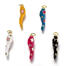 Honeyhandy Brass Enamel Pendants, Long-Lasting Plated, Real 18K Gold Plated, Horn of Plenty, Italian Horn Cornicello, Mixed Color, 26x6x6mm, Hole: 3.3mm