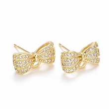 Honeyhandy Rack Plating Brass Micro Pave Cubic Zirconia Earring Findings, with Loop, Cadmium Free & Lead Free, Long-Lasting Plated, Bowknot, Real 14K Gold Plated, 8x15x5mm, Hole: 1.7mm, Pin: 0.8mm