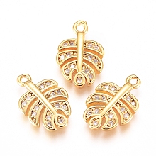 Honeyhandy Brass Micro Pave Cubic Zirconia Charms, Tropical Leaf Charms, Monstera Leaf, Clear, Golden, 14x9x2mm, Hole: 1mm