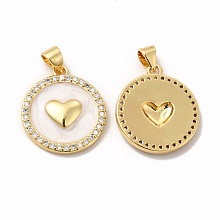 Honeyhandy Rack Plating Brass Micro Pave Cubic Zirconia Charms, with Enamel, Cadmium Free & Lead Free, Real 18K Gold Plated, Long-Lasting Plated, Flat Round with Heart Pattern Charm, Clear, 20x17.5x3mm, Hole: 3.5x4.5mm