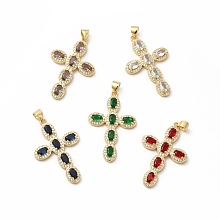 Honeyhandy Rack Plating Brass Cubic Zirconia Pendants, Cadmium Free & Lead Free, Real 18K Gold Plated, Long-Lasting Plated, Religion Cross Charm, Mixed Color, 33.5x22x3.5mm, Hole: 3.5x4.5mm