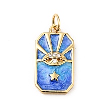 Honeyhandy Rack Plating Brass Micro Pave Cubic Zirconia Pendants, with Enamel and Jump Ring, Cadmium Free & Nickel Free & Lead Free, Real 18K Gold Plated, Rectangle with Eye & Star, Dodger Blue, 19x10.5x2.5mm, Hole: 3.6mm