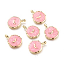 Honeyhandy Brass Enamel Pendants, Flat Round with Wing Pattern, Golden, Pink, 18x13.5x2mm, Hole: 3.5x2mm