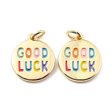 Honeyhandy Brass Enamel Pendants, with Jump Ring, Long-Lasting Plated, Real 18K Gold Plated, Flat Round & Word GOOD LUCK, Colorful, 16x14x2mm, Jump Ring: 5x0.8mm, 3.4mm Inner Diameter