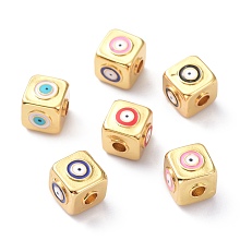 Honeyhandy Brass Enamel Beads, Long-Lasting Plated, Cube with Eye, Mixed Color, 10x10x10mm, Hole: 3mm