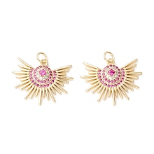 Honeyhandy Brass Micro Pave Deep Pink Cubic Zirconia Pendants, Fan, Real 18K Gold Plated, 19.5x25x4.5mm, Jump Ring: 5x0.8mm, 3.5mm inner diameter