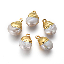 Honeyhandy Natural Cultured Freshwater Pearl Pendants, with Brass Findings, teardrop, Golden, 19~25x12~15x6~9mm, Hole: 1.8mm