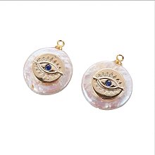 CHGCRAFT About 5pcs Natural Pearl Pendants with Golden Tone Brass Micro Pave Cubic Zirconia Findings Flat Round with Evil Eye Shape Charms for DIY Jewelry Making