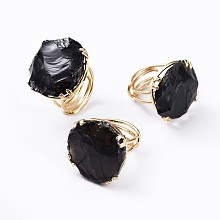 Honeyhandy Adjustable Natural Rough Raw Obsidian Finger Rings, with Brass Findings, Nuggets, Golden, Size 8~9, 18~19.5mm