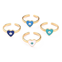 Honeyhandy Brass Enamel Cuff Rings, Open Rings, Heart with Evil Eye, Real 18K Gold Plated, Mixed Color, US Size 6, Inner Diameter: 17mm