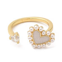 Honeyhandy Cubic Zirconia Heart Open Cuff Ring with ABS Plastic Pearl Beaded, Brass Finger Ring for Women, Cadmium Free & Lead Free, Real 18K Gold Plated, Inner Diameter: 18mm