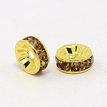 Honeyhandy Brass Grade A Rhinestone Spacer Beads, Golden Plated, Rondelle, Nickel Free, Lt.Col.Topaz, 10x4mm, Hole: 2mm