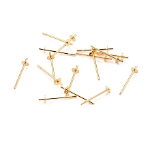 Honeyhandy 304 Stainless Steel Stud Earring Findings, for Half Drilled Beads, Real 18k Gold Plated, 14x3mm, Pin: 0.6mm