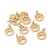 Honeyhandy 304 Stainless Steel Pendants, Flat Round with Dog Paw Prints, Golden, 14x12x1.1mm, Hole: 4mm