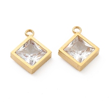 Honeyhandy 304 Stainless Steel Rhinestone Pendant, Rhombus, Crystal, Golden, 15x12x4mm, Hole: 1.8mm