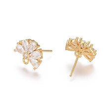 Honeyhandy Brass Cubic Zirconia Stud Earring Findings, with Loop, Flower, Clear, Golden, 15mm, Pin: 0.7mm