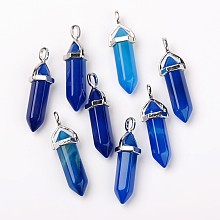 Honeyhandy Natural Agate Double Terminated Pointed Pendants, with Random Alloy Pendant Hexagon Bead Cap Bails, Bullet, Platinum, 37~40x12mm, Hole: 3mm