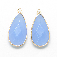 Honeyhandy Natural White Jade Pendants, with Golden Tone Brass Findings, Faceted, teardrop, Dyed, Light Sky Blue, 32.5~33x16x6mm, Hole: 2.5mm