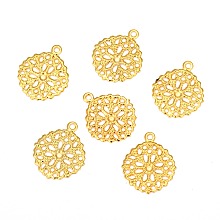 Honeyhandy Flat Round Brass Flower Filigree Findings Charms Pendants, Golden, 15x13x0.5mm, Hole: 1mm